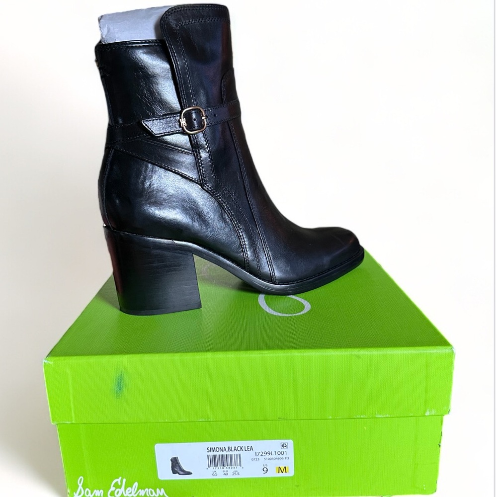 NIB Sam Edelman Simona Black Leather Block Heel Booties Size 9 - Picture 2 of 12